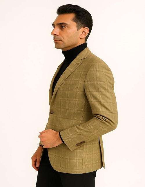 Men's Light Brown Plaid Sport Coat - Classic Check Blazer for Business and Casual Wear in Tan Windowpane Taupe Color by USA Men's Outlet