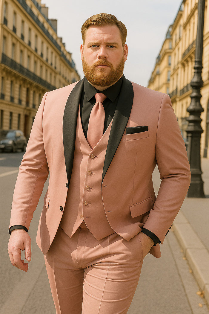 Men's Light Pink 3-Piece Tuxedo Suit with Black Satin Shawl Lapel - Formal Wear - Ultra Slim Fitted in Blush color by USA Men's Outlet