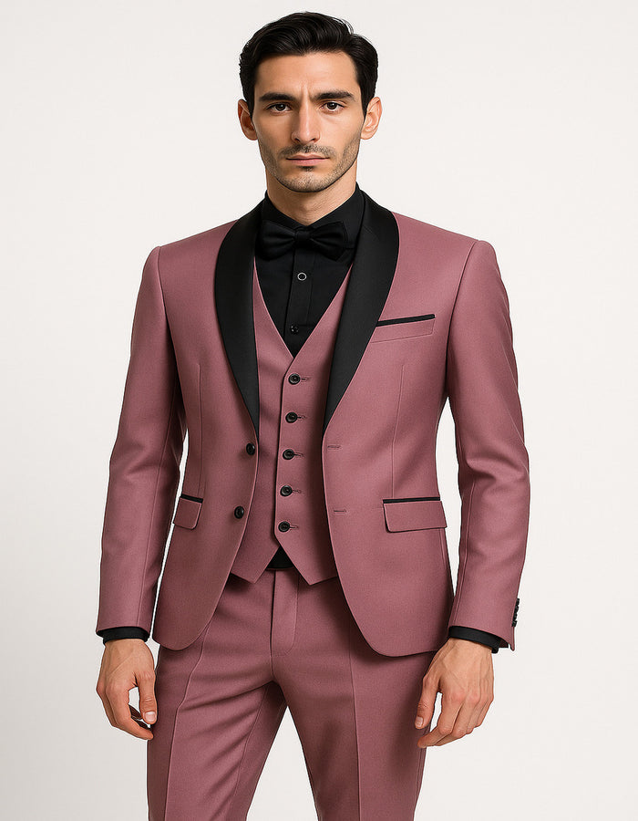 Men's Mauve Pink Tuxedo Suit - 3-Piece Slim Fit with Black Satin Shawl Lapel by USA Men's Outlet