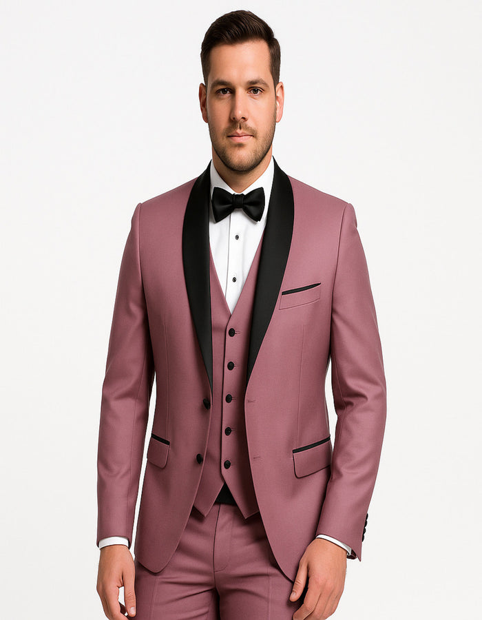 Men's Mauve Pink Tuxedo Suit - 3-Piece Slim Fit with Black Satin Shawl Lapel by USA Men's Outlet