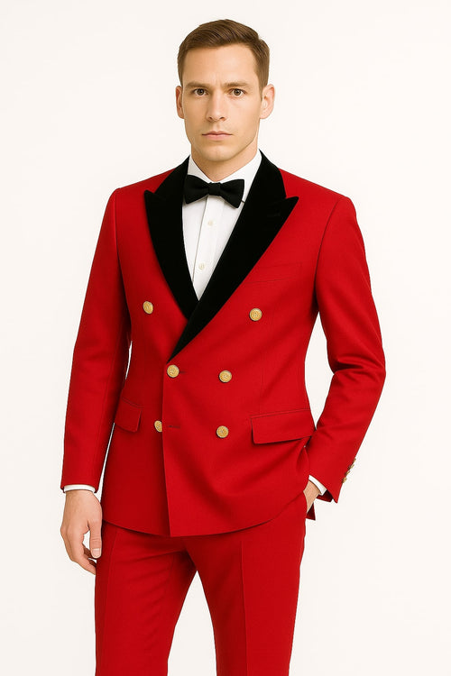 Men's Red Double-Breasted Wedding Tuxedo with Black Velvet Lapel and Gold Buttons - Christmas New Year Suit