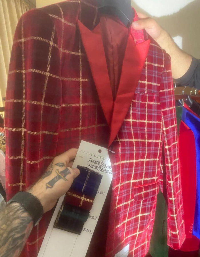 Men's Red Velvet Plaid Blazer with Satin Lapel - Designer Tartan Suit Jacket for Holidays and Events by USA Men's Outlet