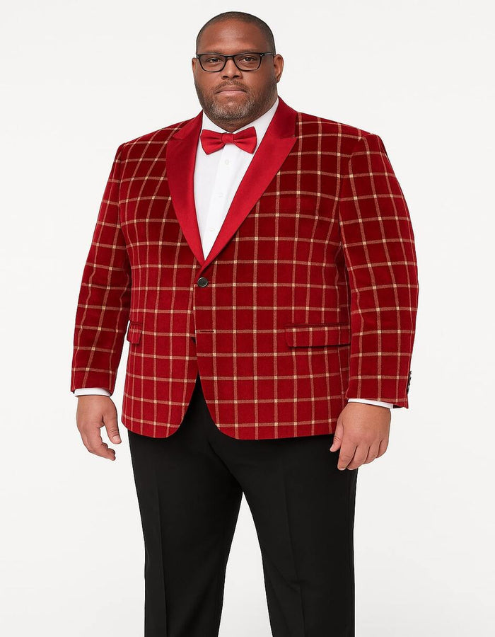 Men's Red Velvet Plaid Blazer with Satin Lapel - Designer Tartan Suit Jacket for Holidays and Events by USA Men's Outlet