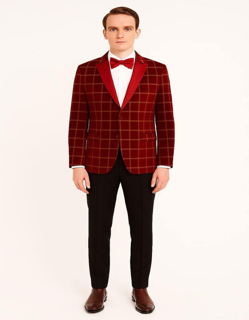 Men's Red Velvet Plaid Blazer with Satin Lapel – Designer Tartan Suit Jacket for Holidays and Events