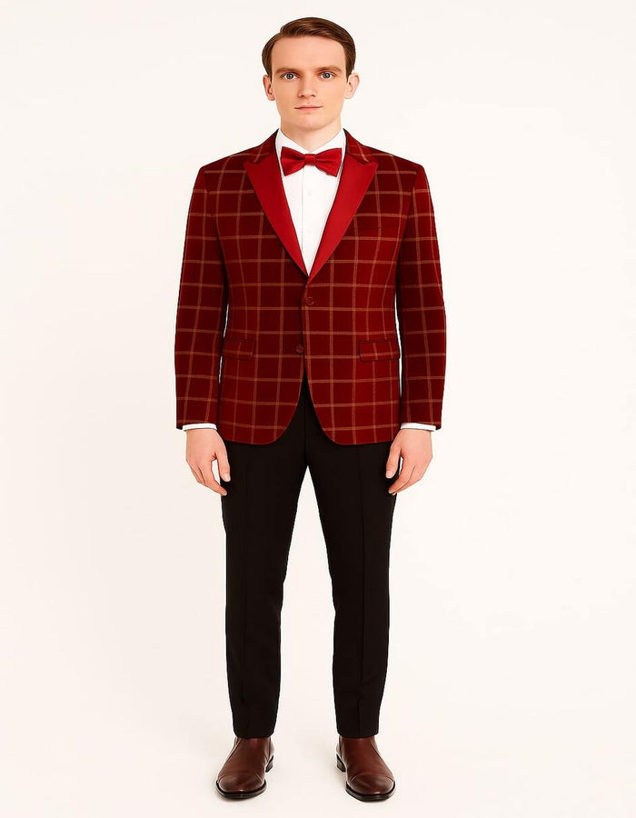 Men's Red Velvet Plaid Blazer with Satin Lapel - Designer Tartan Suit Jacket for Holidays and Events by USA Men's Outlet