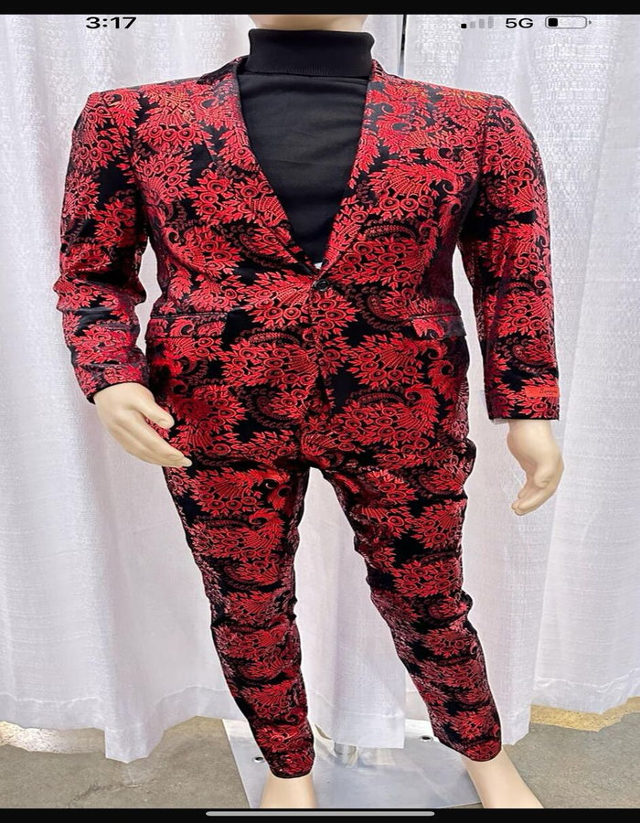 Men’s Red and Black Floral Tuxedo Suit - Slim Fit 2 Piece Embroidered Outfit for Weddings, Prom, and Formal Events by USA Men's Outlet