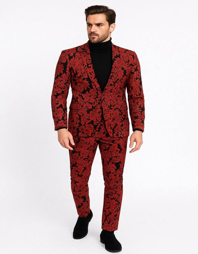 Men’s Red and Black Floral Tuxedo Suit – Slim Fit 2 Piece Embroidered Outfit for Weddings, Prom, and Formal Events