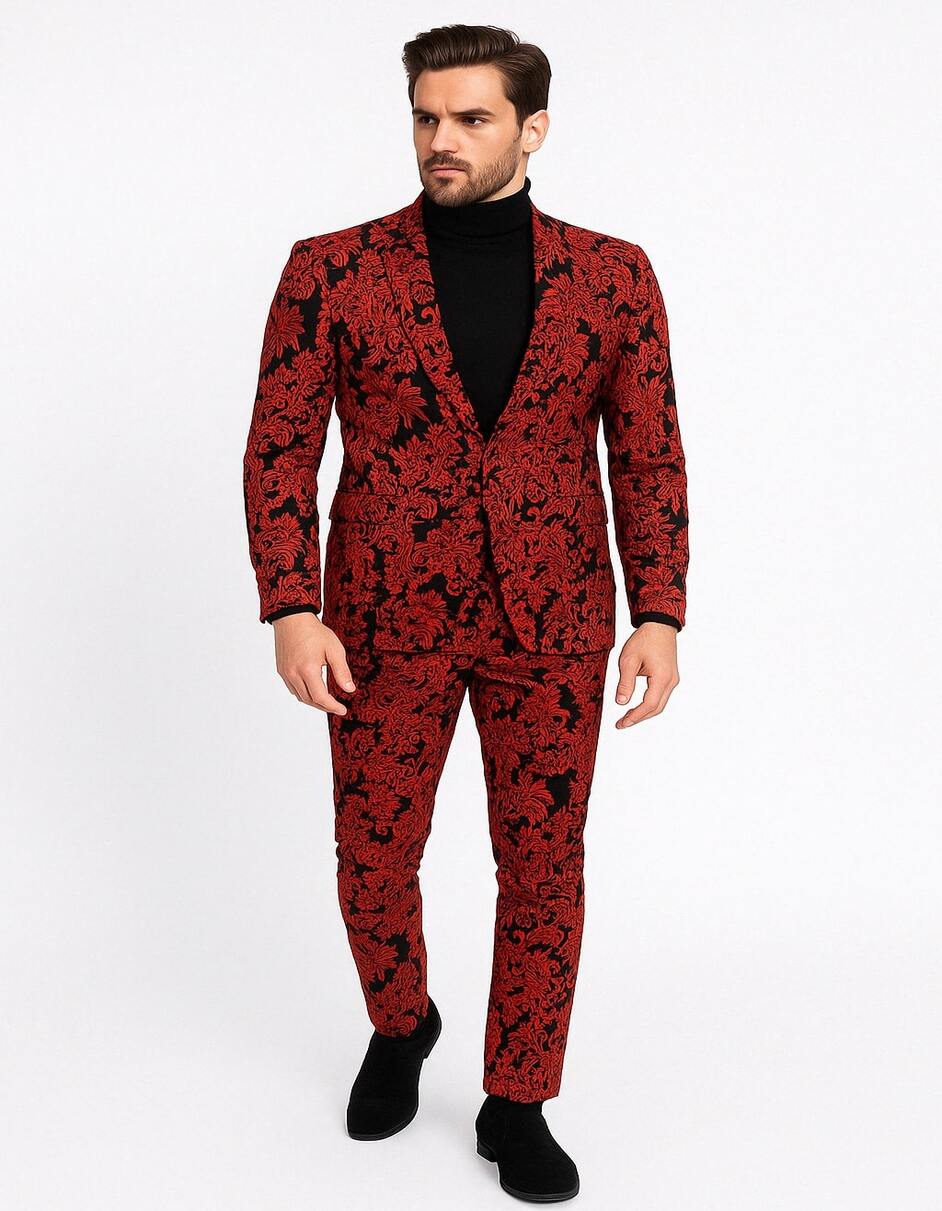 Men’s Red and Black Floral Tuxedo Suit – Slim Fit 2 Piece Embroidered Outfit for Weddings, Prom, and Formal Events