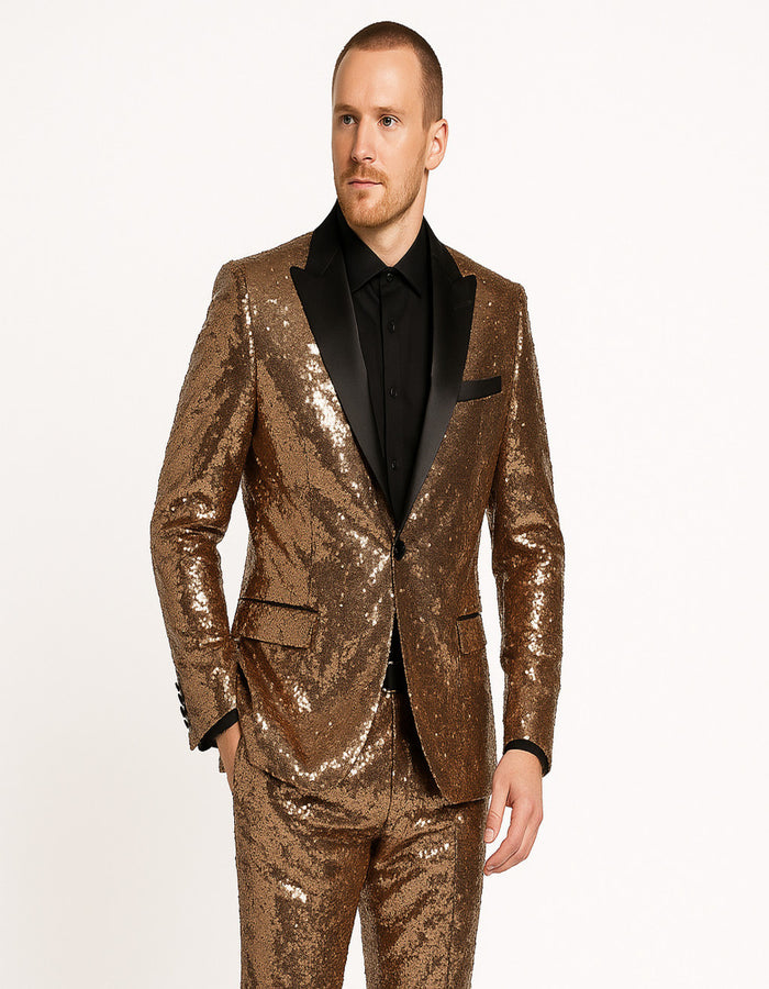 Men's Rose Gold Sequin Tuxedo Suit with Black Satin Lapel - Luxury Slim Fit Blazer for Parties and Events by USA Men's Outlet