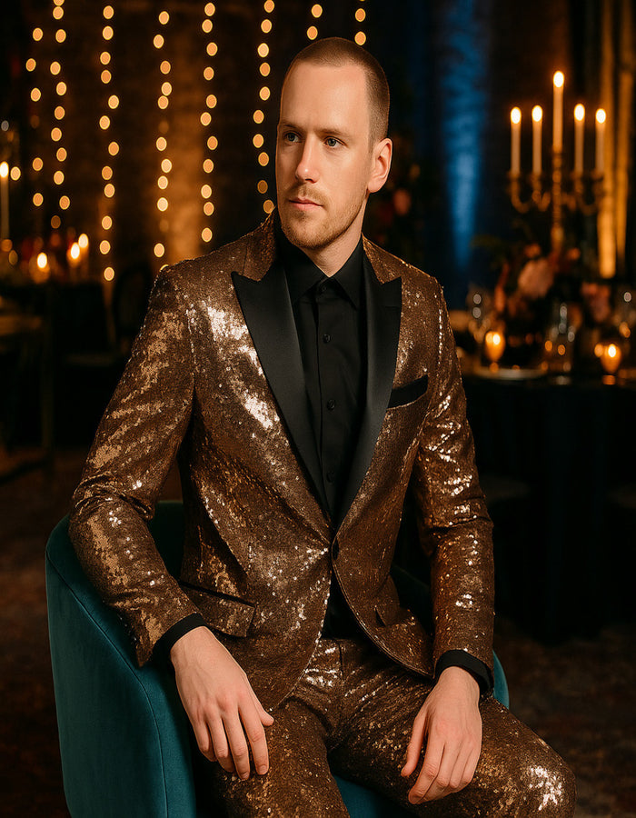 Men's Rose Gold Sequin Tuxedo Suit with Black Satin Lapel - Luxury Slim Fit Blazer for Parties and Events by USA Men's Outlet