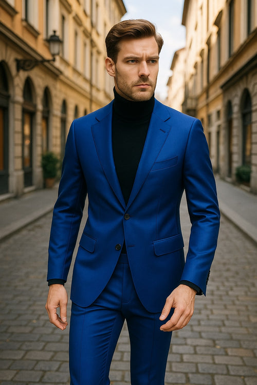 Men's Royal Blue Shiny Satin Suit – 2-Piece Slim Fit Tuxedo with Peak Lapel