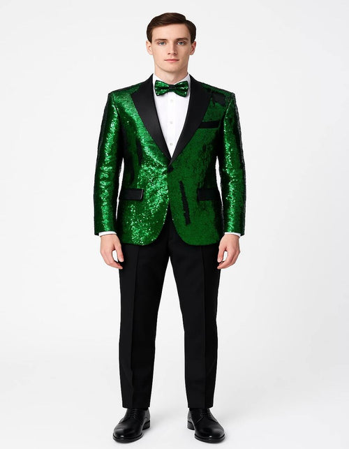 Men's Green Sequin Tuxedo Jacket with Black Satin Lapel and Bow Tie – Sparkling Party and Stage Blazer By Alberto Nardoni