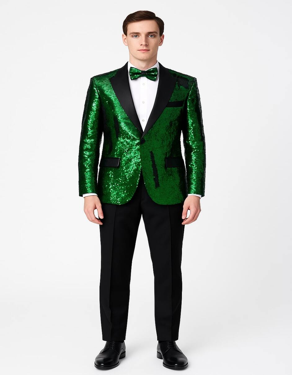 Men's Green Sequin Tuxedo Jacket with Black Satin Lapel and Bow Tie – Sparkling Party and Stage Blazer By Alberto Nardoni