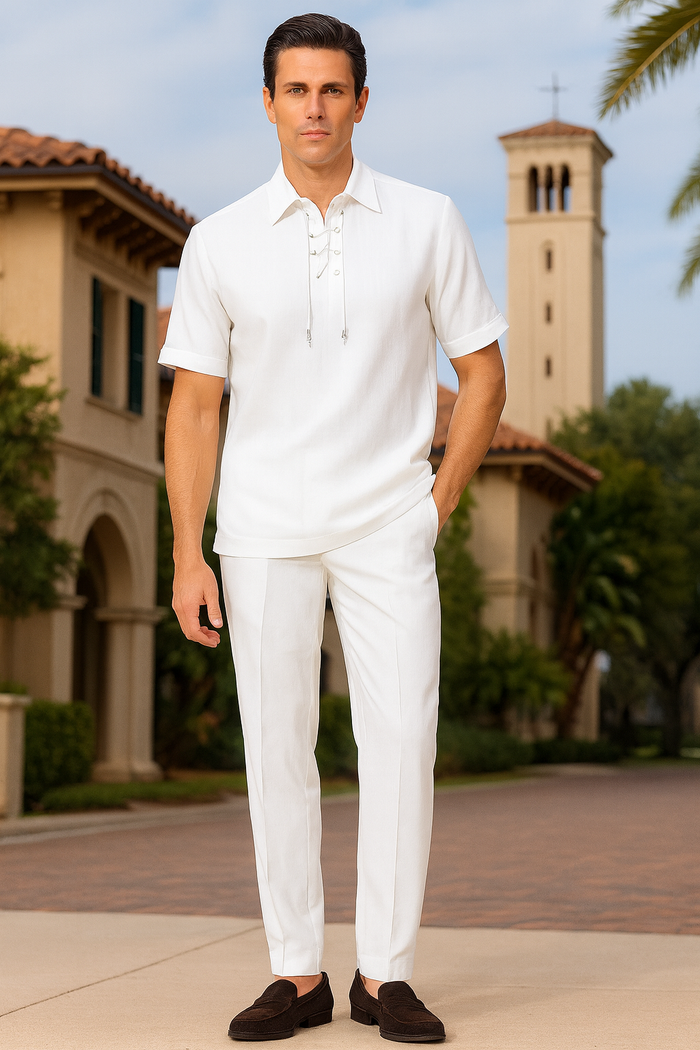 Men’s White Lace-Up Shirt and Pants Set - Casual Summer Two-Piece Outfit by Men'sUSA