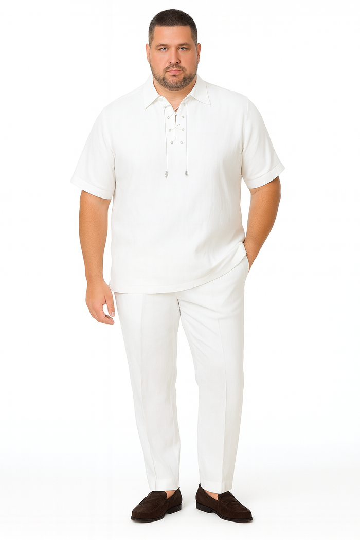 Men’s White Lace-Up Shirt and Pants Set - Casual Summer Two-Piece Outfit by Men'sUSA