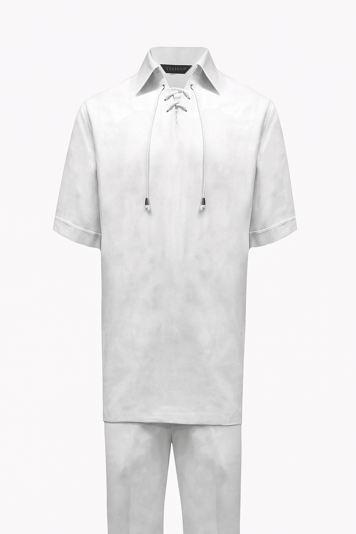 Men’s White Lace-Up Shirt and Pants Set - Casual Summer Two-Piece Outfit by Men'sUSA