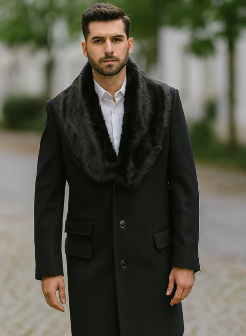 Men's Black Fur Collar Two Flap Front Pockets Full Length Men's Carcoat - Car Coat Mid Length Three Quarter Length Coat USA Men's Outlet