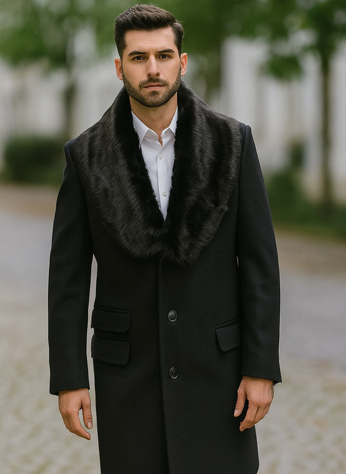 Men's Black Fur Collar Two Flap Front Pockets Full Length Men's Carcoat - Car Coat Mid Length Three Quarter Length Coat USA Men's Outlet