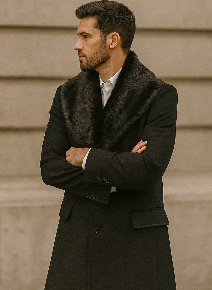 Men's Black Fur Collar Two Flap Front Pockets Full Length Men's Carcoat - Car Coat Mid Length Three Quarter Length Coat USA Men's Outlet