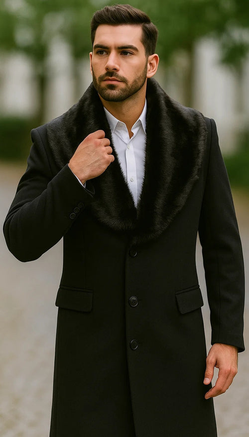 Men's Black Fur Collar Two Flap Front Pockets Full Length Men's Carcoat - Car Coat Mid Length Three Quarter Length Coat USA Men's Outlet