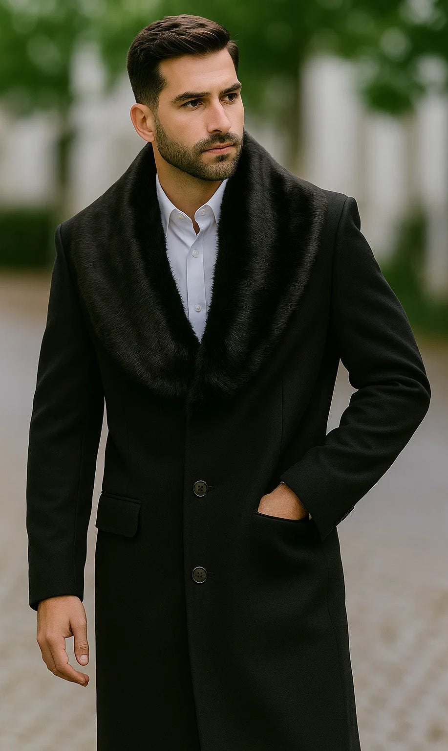 Men's Black Fur Collar Two Flap Front Pockets Full Length Men's Carcoat - Car Coat Mid Length Three Quarter Length Coat USA Men's Outlet