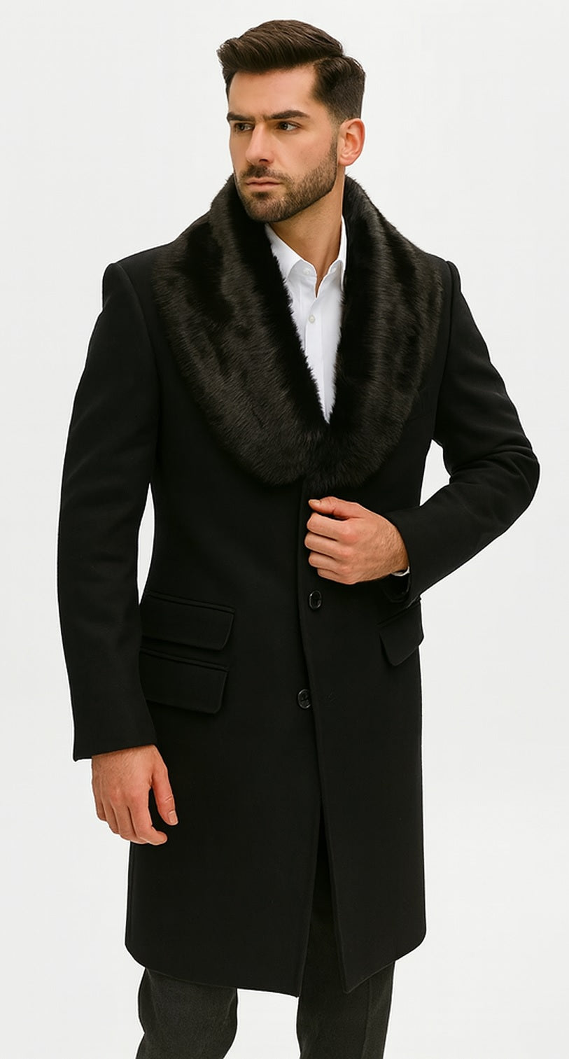 Men's Black Fur Collar Two Flap Front Pockets Full Length Men's Carcoat - Car Coat Mid Length Three Quarter Length Coat USA Men's Outlet