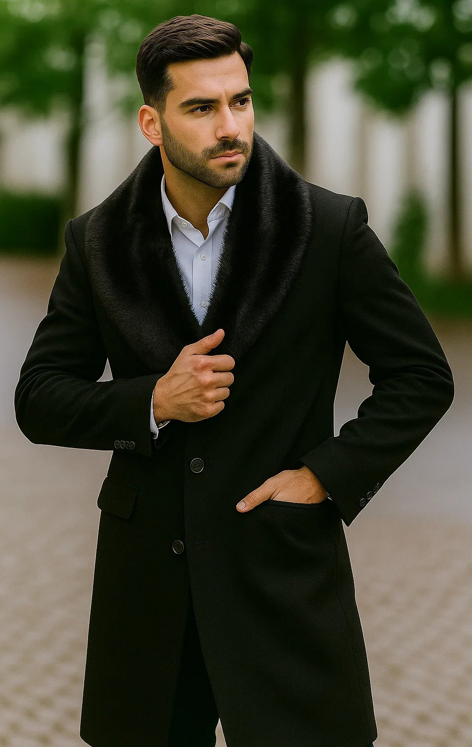 Men's Black Fur Collar Two Flap Front Pockets Full Length Men's Carcoat - Car Coat Mid Length Three Quarter Length Coat USA Men's Outlet