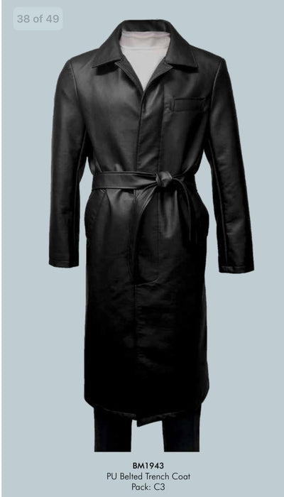 Men’s Black PU Belted Trench Coat