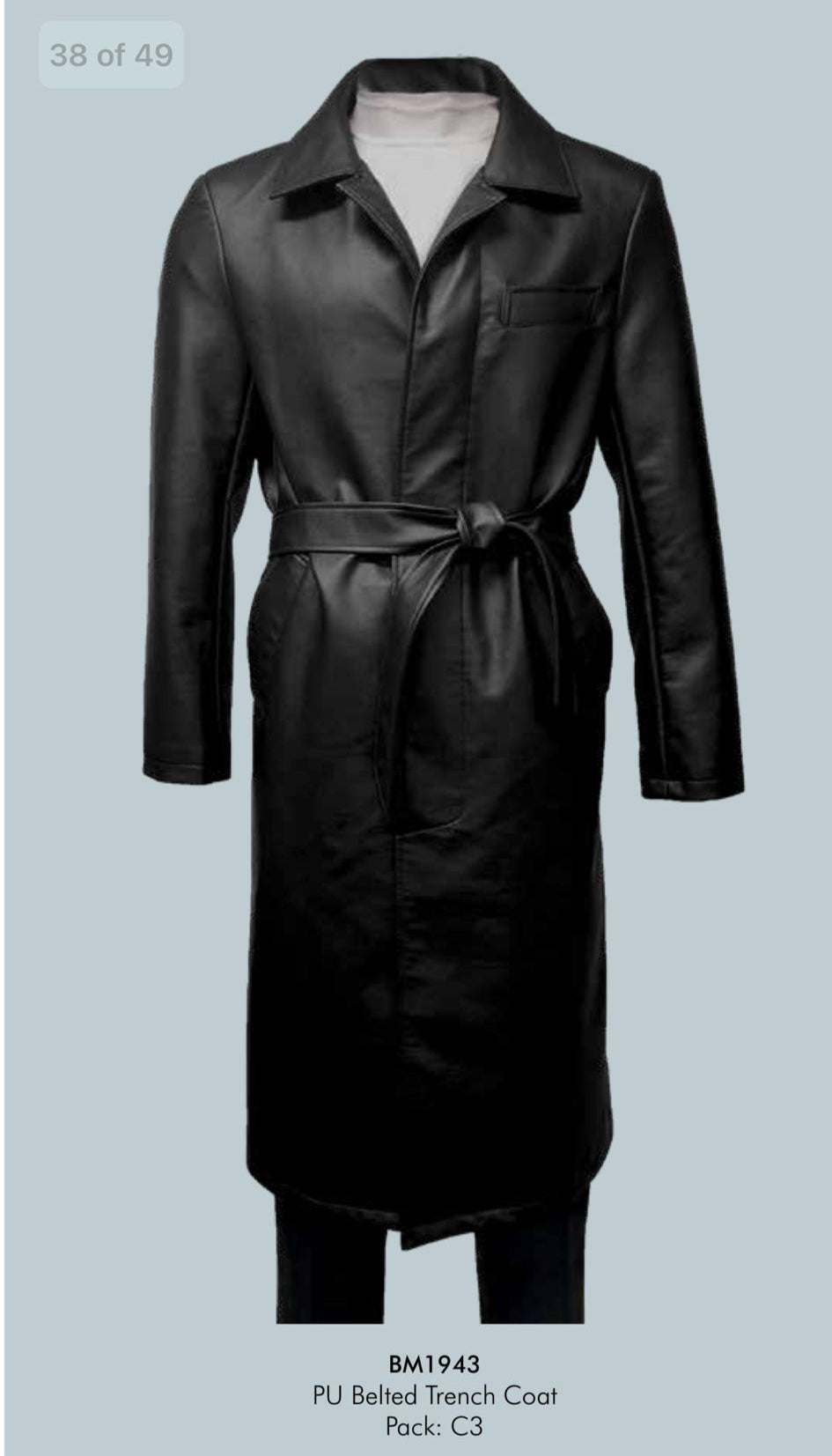 Men’s Black PU Belted Trench Coat – SuitUSA
