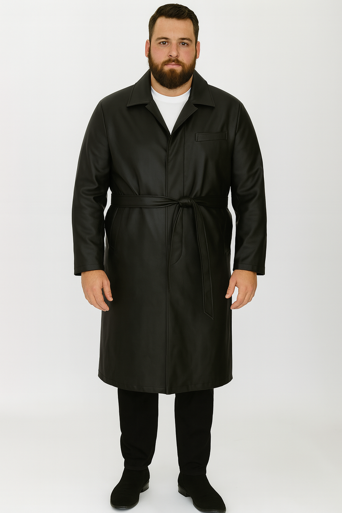 Men’s Black PU Belted Trench Coat 