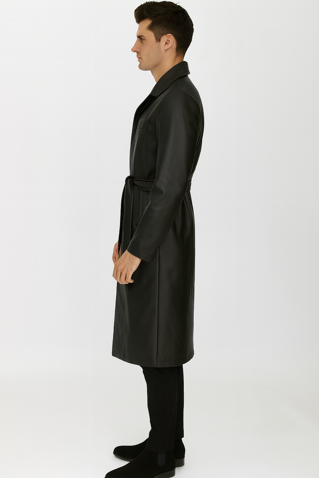 Men’s Black PU Belted Trench Coat 