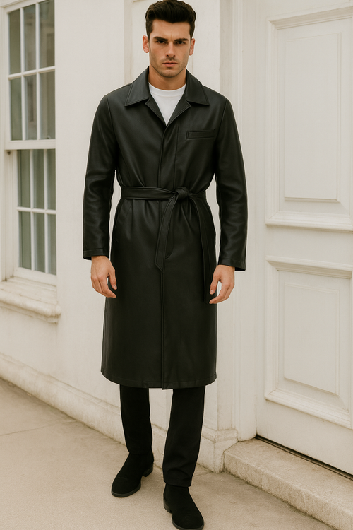 Men’s Black PU Belted Trench Coat 