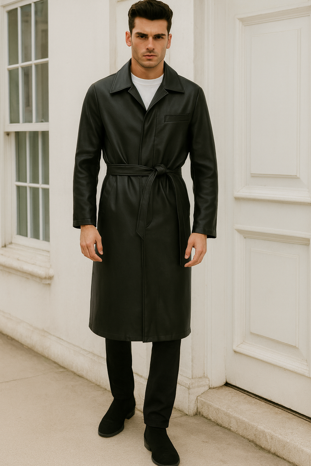 Men’s Black PU Belted Trench Coat 