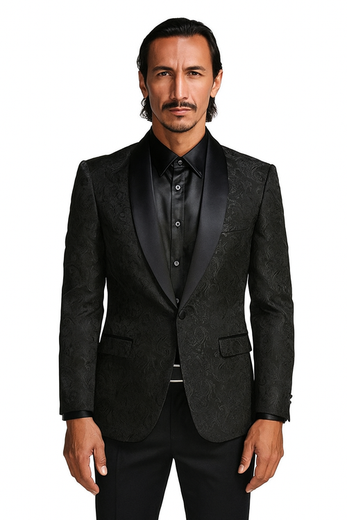 Black Prom Tuxedo Suit - Black Wedding Suit - Men's Slim Fit Wedding & Prom Tonal Paisley Tuxedo Jacket