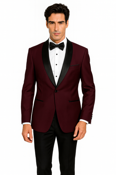 Prom Tuxedo - Wedding Suit - Groom Suit MEN'S BURGUNDY WITH BLACK LAPEL VESTED 100% WOOL TUXEDO