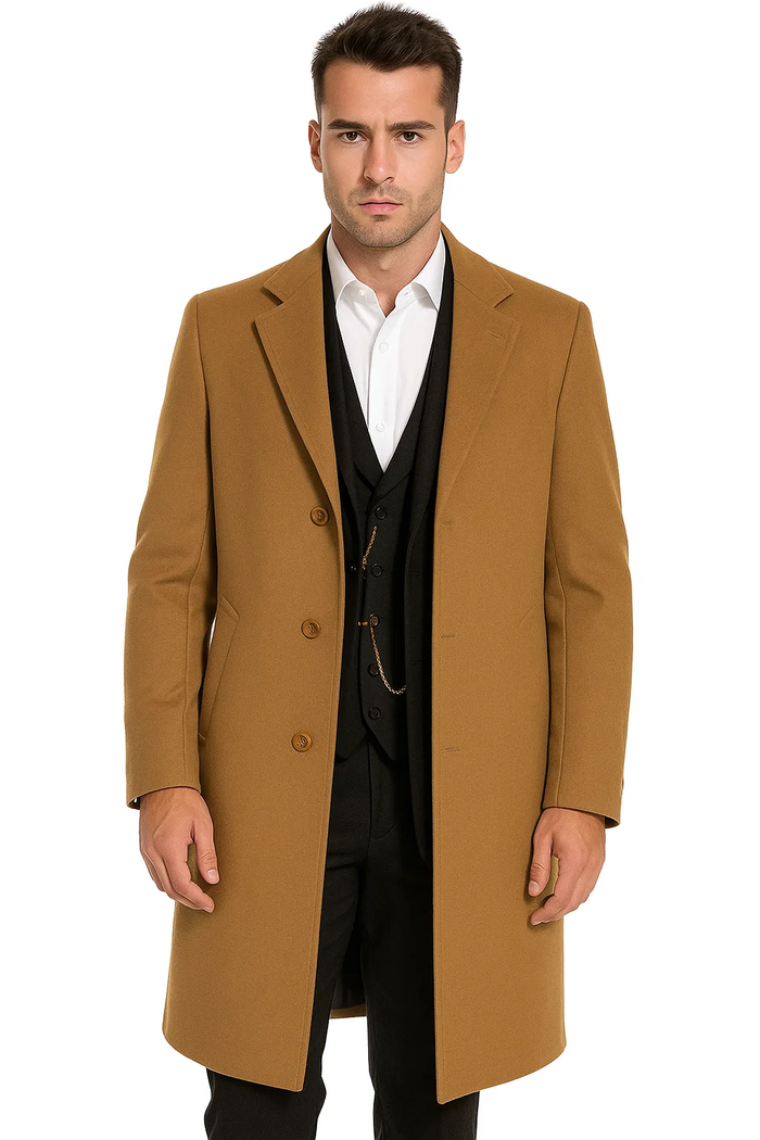 Men’s Camel Overcoat - Classic Single Breasted Wool Long Coat with Peak Lapel by USA Men's Outlet