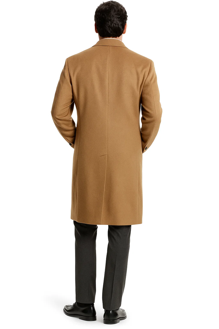 Men’s Camel Overcoat - Classic Single Breasted Wool Long Coat with Peak Lapel by USA Men's Outlet