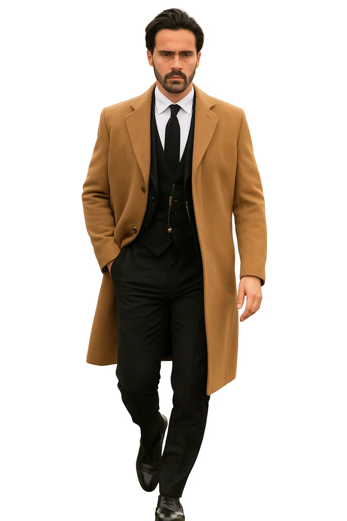 Men’s Camel Overcoat - Classic Single Breasted Wool Long Coat with Peak Lapel by USA Men's Outlet