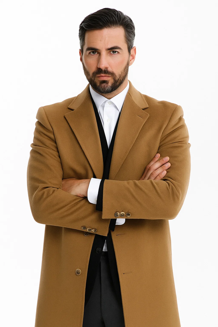 Men’s Camel Overcoat - Classic Single Breasted Wool Long Coat with Peak Lapel by USA Men's Outlet