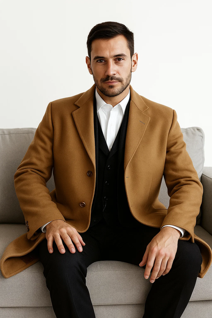 Men’s Camel Overcoat - Classic Single Breasted Wool Long Coat with Peak Lapel by USA Men's Outlet