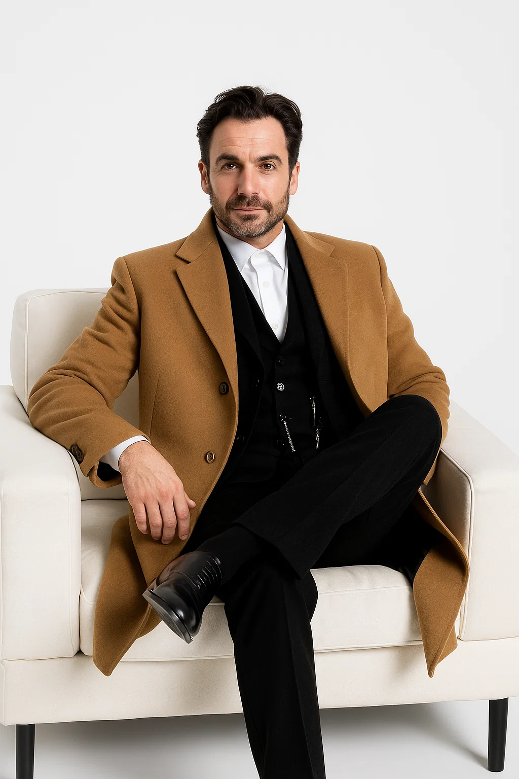 Men’s Camel Overcoat - Classic Single Breasted Wool Long Coat with Peak Lapel by USA Men's Outlet