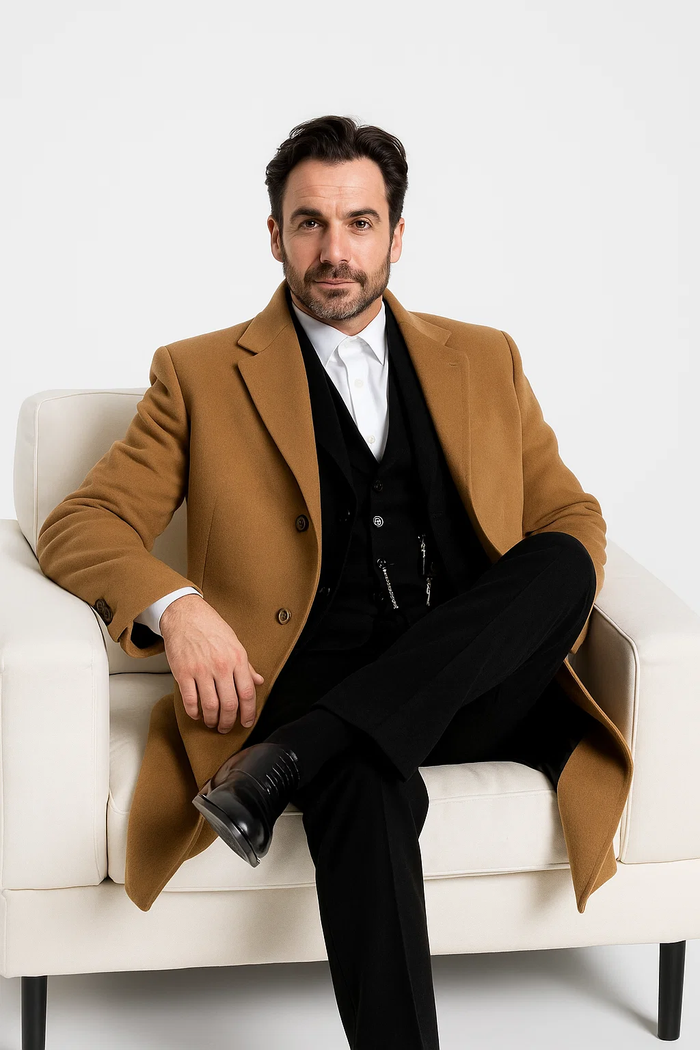 Men’s Camel Overcoat - Classic Single Breasted Wool Long Coat with Peak Lapel by USA Men's Outlet