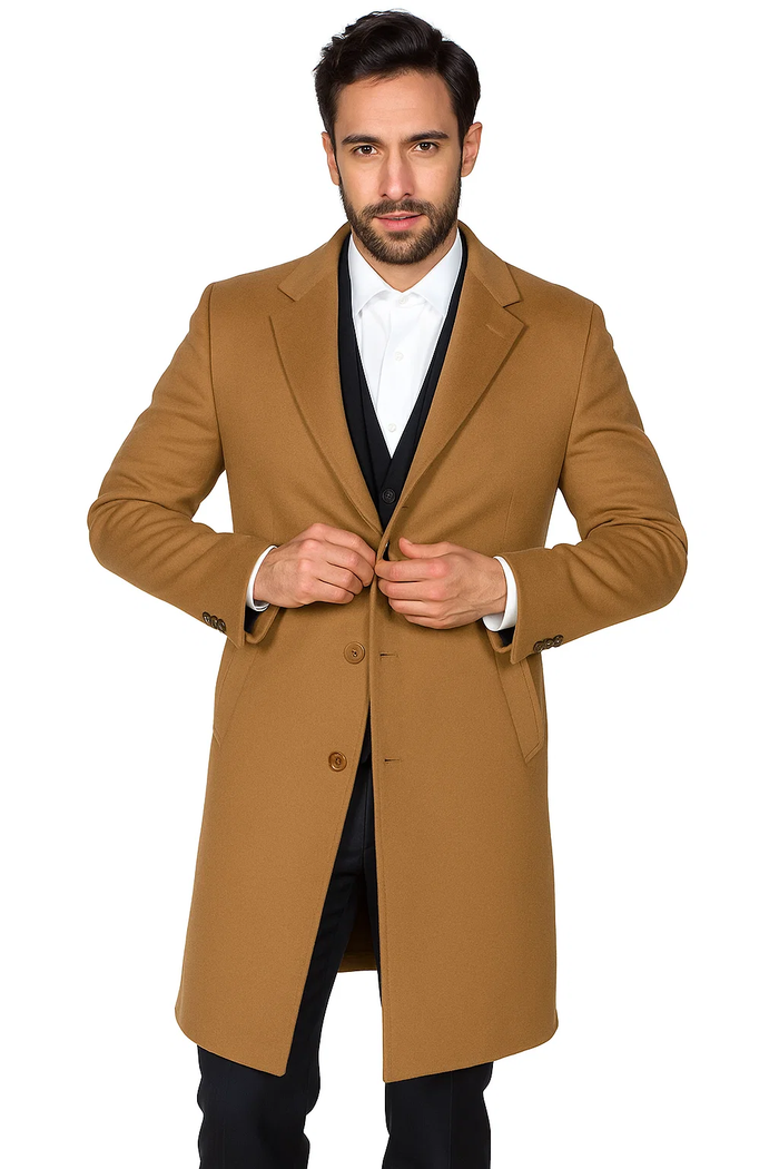 Men’s Camel Overcoat - Classic Single Breasted Wool Long Coat with Peak Lapel by USA Men's Outlet