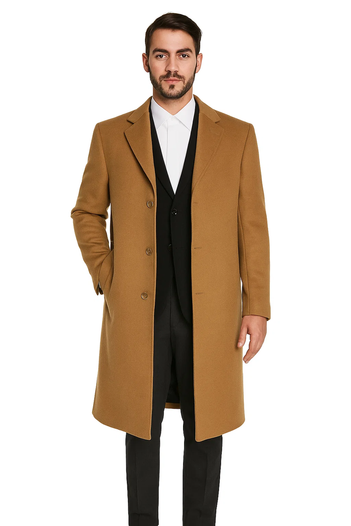 Men’s Camel Overcoat - Classic Single Breasted Wool Long Coat with Peak Lapel by USA Men's Outlet