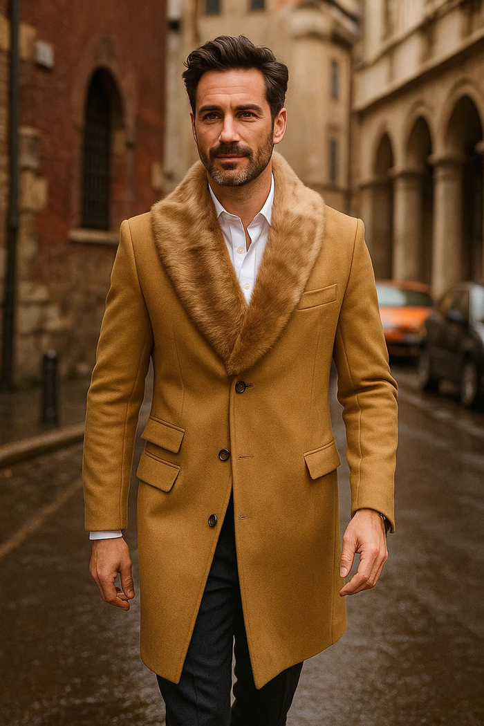 Men's Camel Three Button Full Length Overcoat Men's Carcoat