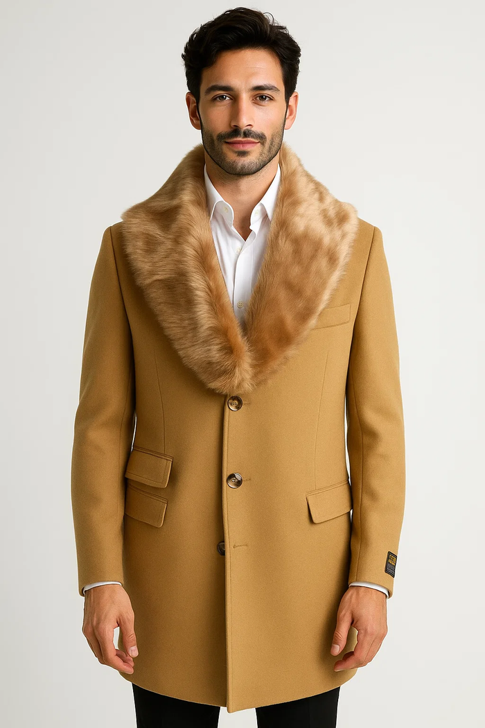 Men's Camel Three Button Full Length Overcoat Men's Carcoat