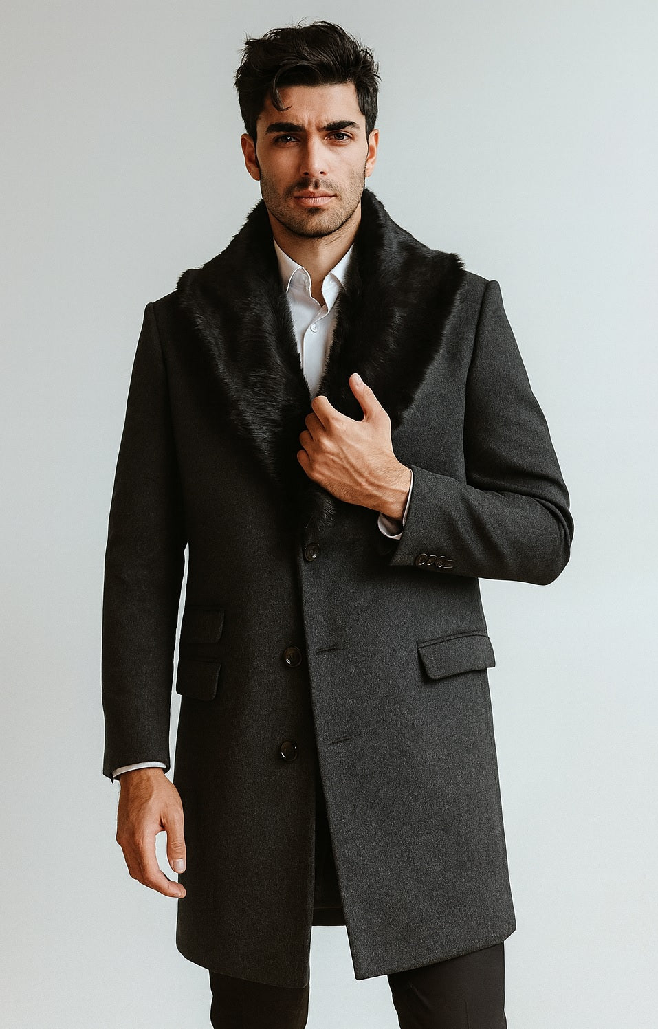 Men's Charcoal Two Flap Front Pockets Full Length Overcoat Men's Carcoat - Car Coat Mid Length Three Quarter Length Coat USA Men's Outlet