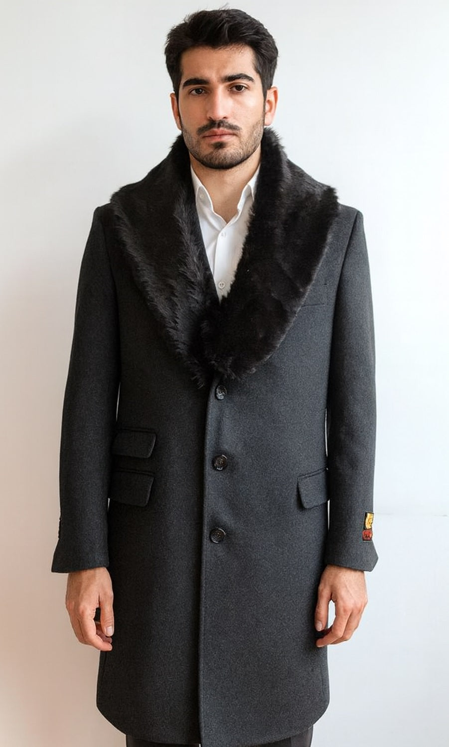 Men's Charcoal Two Flap Front Pockets Full Length Overcoat Men's Carcoat - Car Coat Mid Length Three Quarter Length Coat USA Men's Outlet