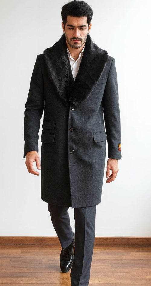 Men's Charcoal Two Flap Front Pockets Full Length Overcoat Men's Carcoat - Car Coat Mid Length Three Quarter Length Coat USA Men's Outlet