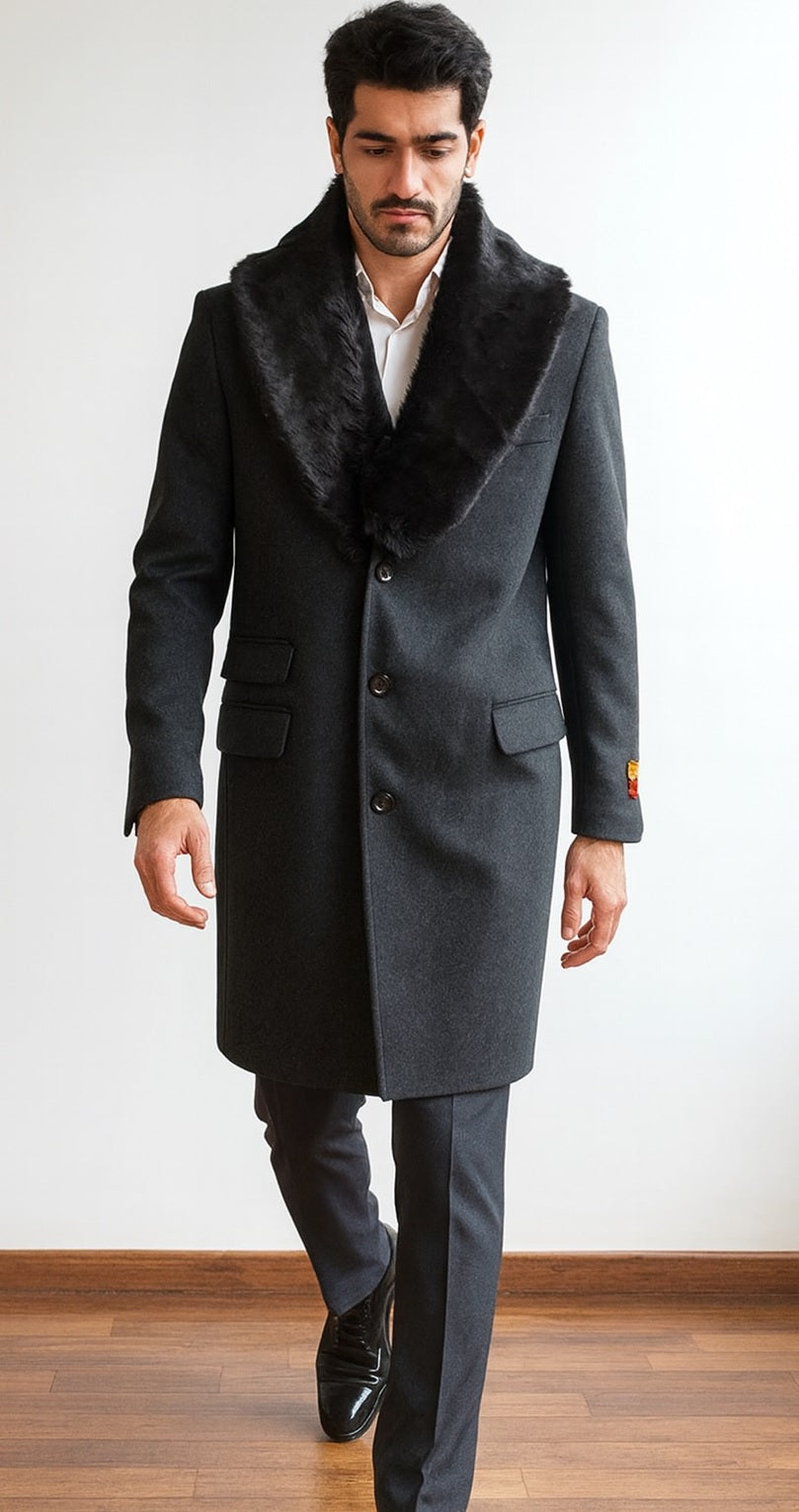 Men's Charcoal Two Flap Front Pockets Full Length Overcoat Men's Carcoat - Car Coat Mid Length Three Quarter Length Coat USA Men's Outlet
